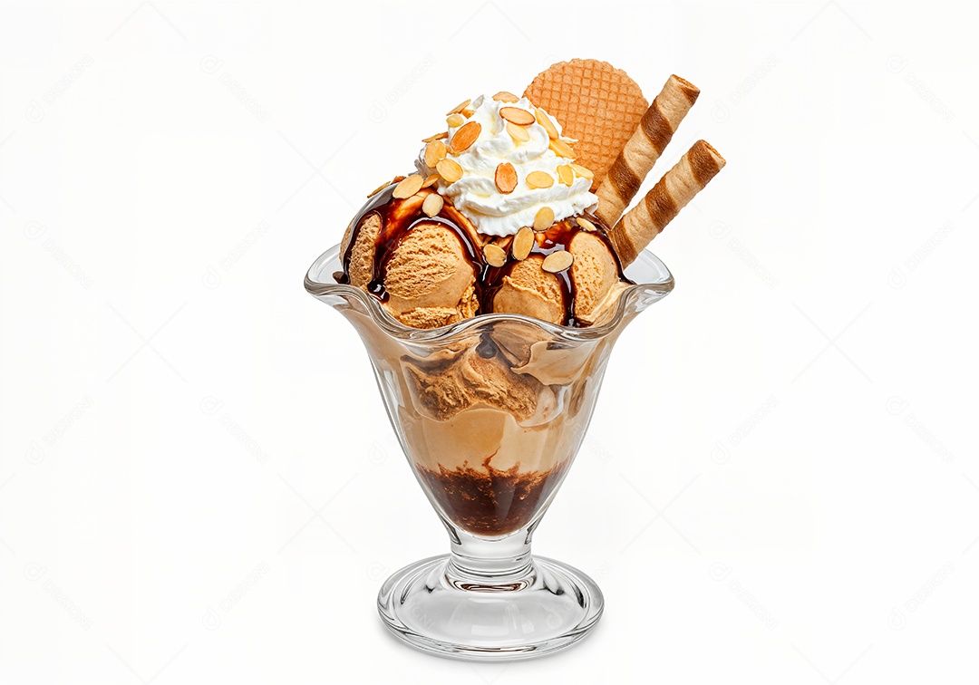 Delicioso sorvete em taça de vidro sobre fundo branco isolado