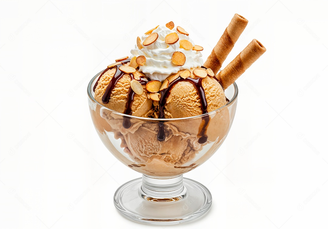 Delicioso sorvete em taça de vidro sobre fundo branco isolado