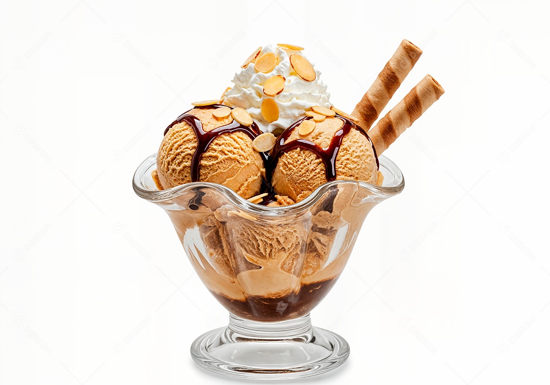 Delicioso sorvete em taça de vidro sobre fundo branco isolado