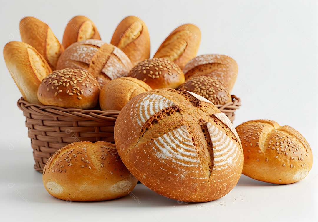 Pães frescos em cesto de vime sobre fundo branco isolado