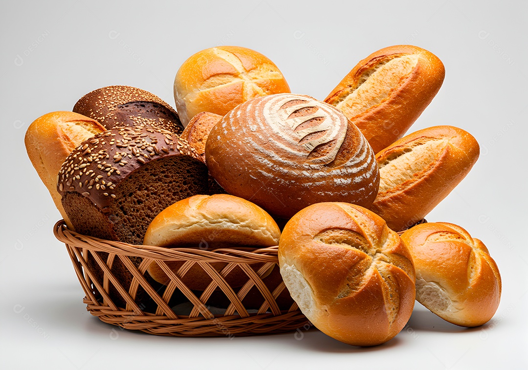 Pães frescos em cesto de vime sobre fundo branco isolado