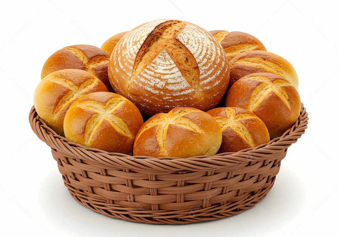 Pães frescos em cesto de vime sobre fundo branco isolado