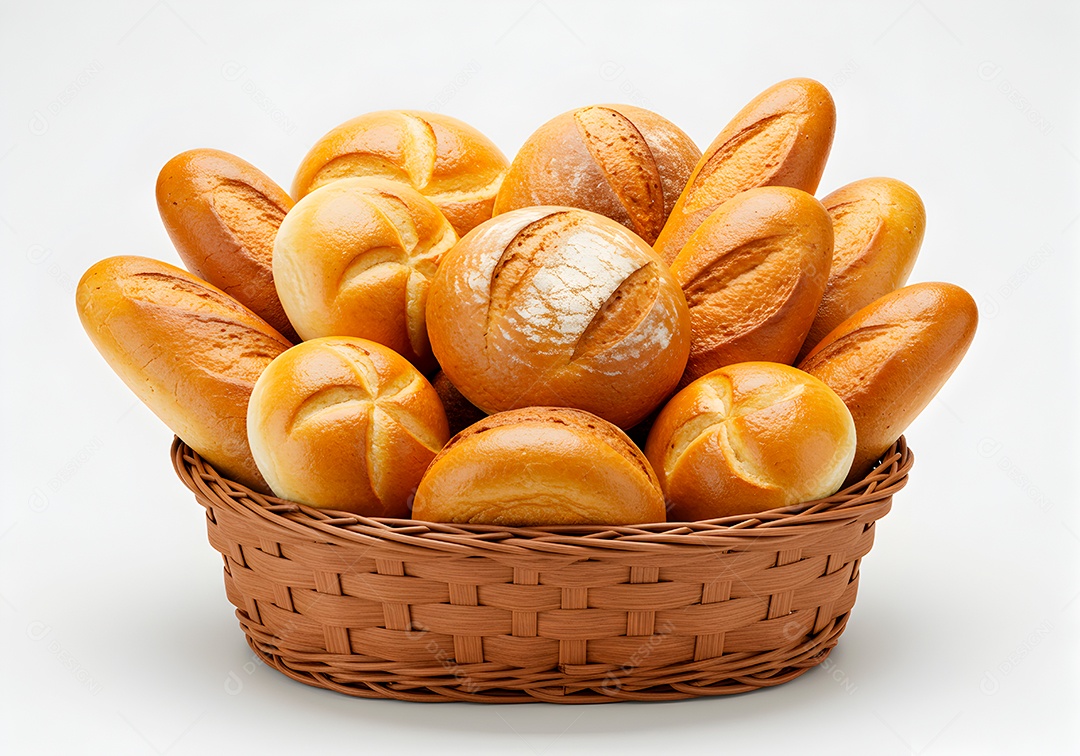 Pães frescos em cesto de vime sobre fundo branco isolado