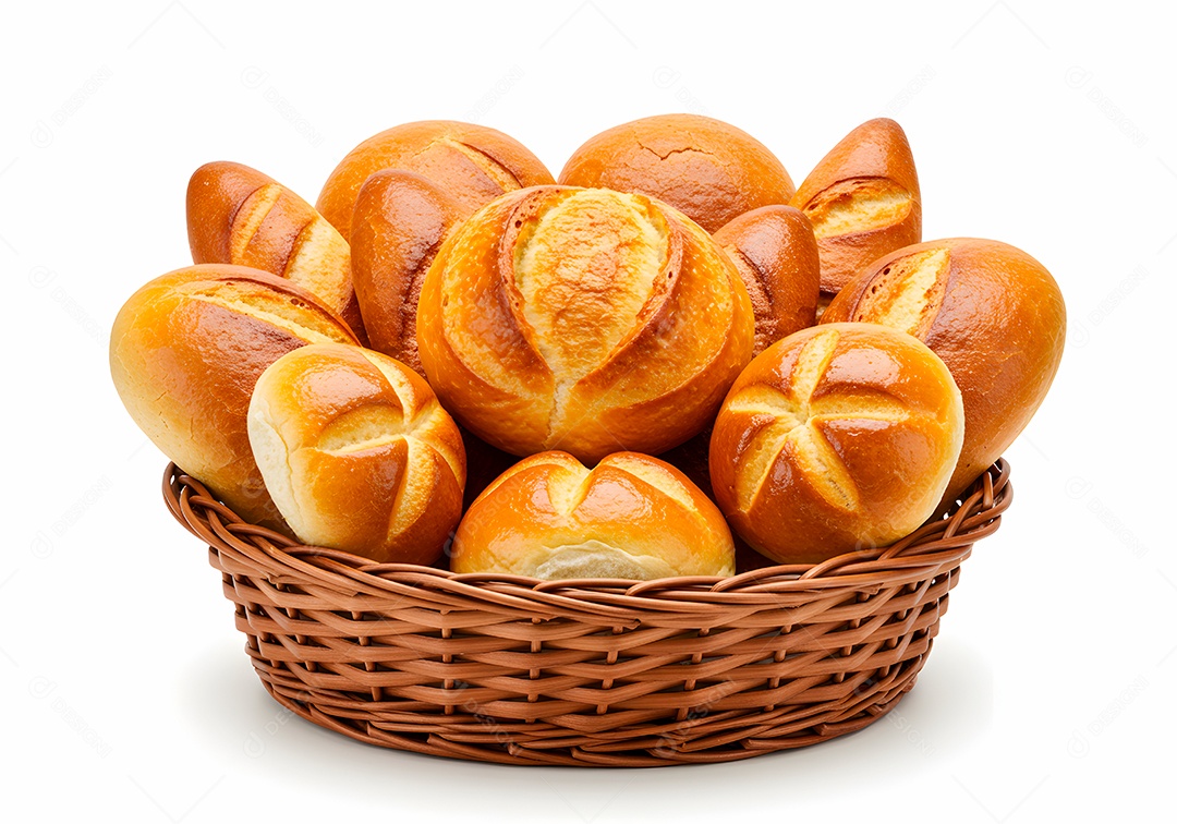 Pães frescos em cesto de vime sobre fundo branco isolado