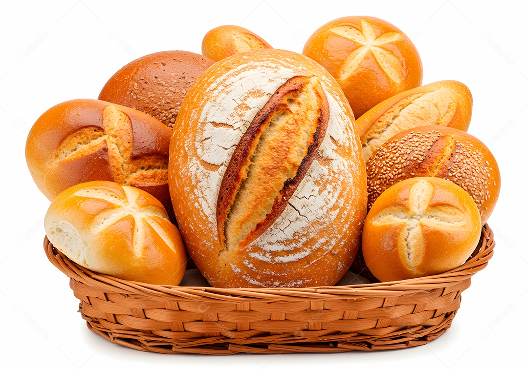 Pães frescos em cesto de vime sobre fundo branco isolado