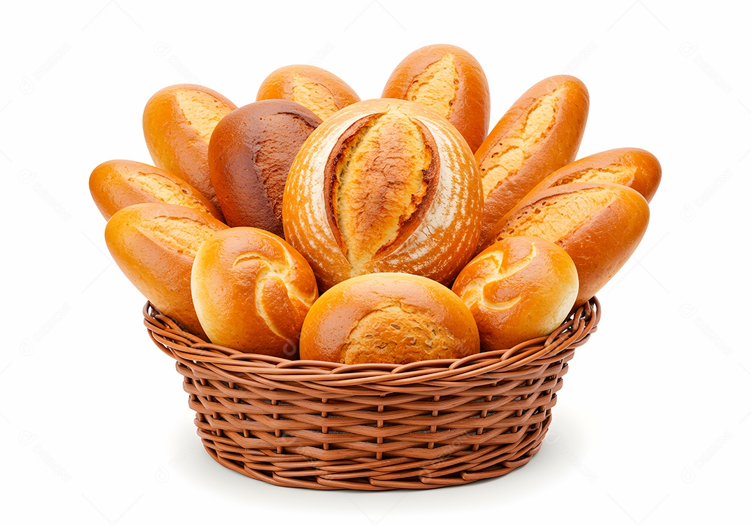 Pães frescos em cesto de vime sobre fundo branco isolado