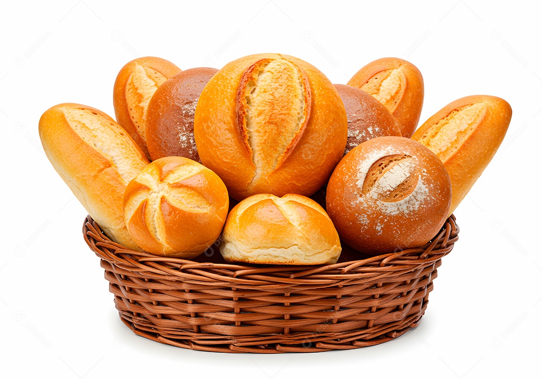 Pães frescos em cesto de vime sobre fundo branco isolado