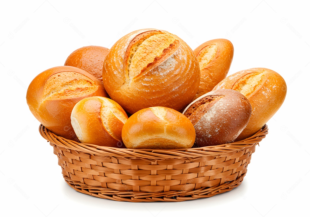 Pães frescos em cesto de vime sobre fundo branco isolado