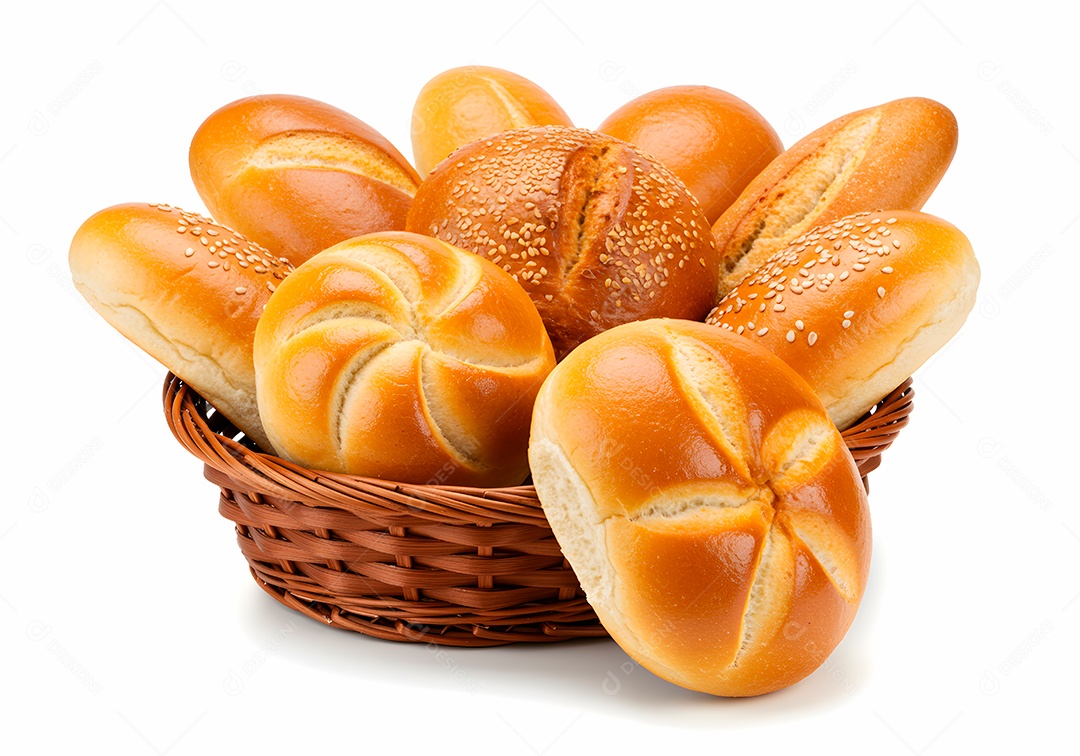 Pães frescos em cesto de vime sobre fundo branco isolado