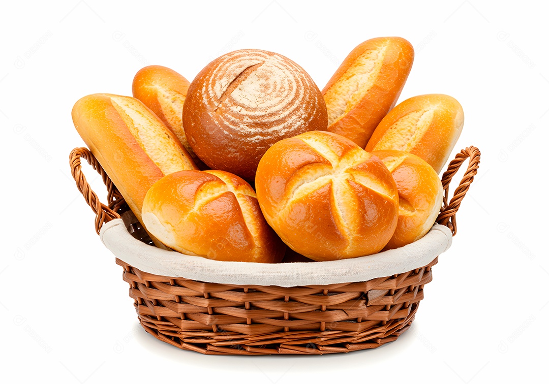 Pães frescos em cesto de vime sobre fundo branco isolado