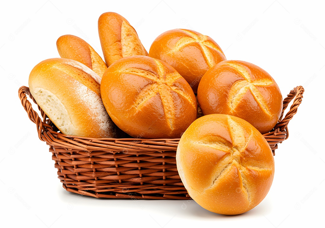 Pães frescos em cesto de vime sobre fundo branco isolado