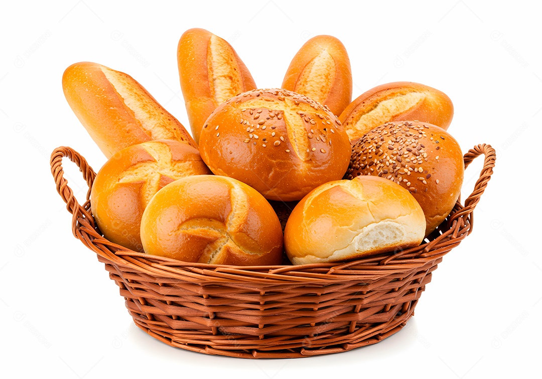 Pães frescos em cesto de vime sobre fundo branco isolado