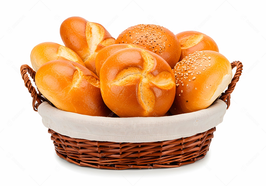 Pães frescos em cesto de vime sobre fundo branco isolado