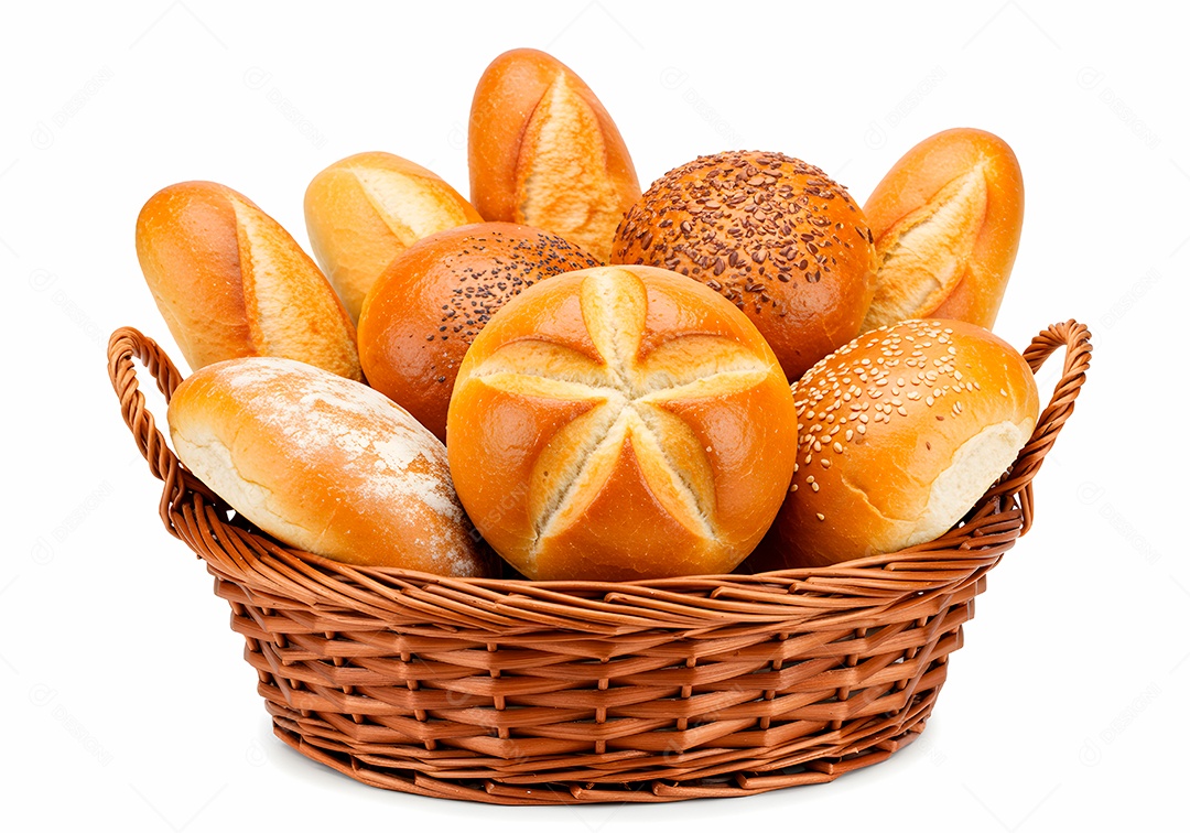 Pães frescos em cesto de vime sobre fundo branco isolado