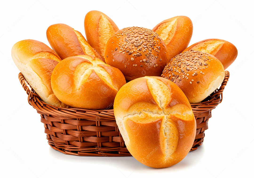 Pães frescos em cesto de vime sobre fundo branco isolado