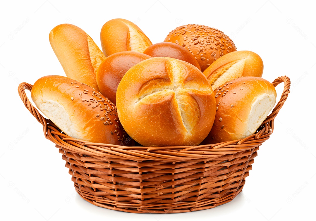 Pães frescos em cesto de vime sobre fundo branco isolado