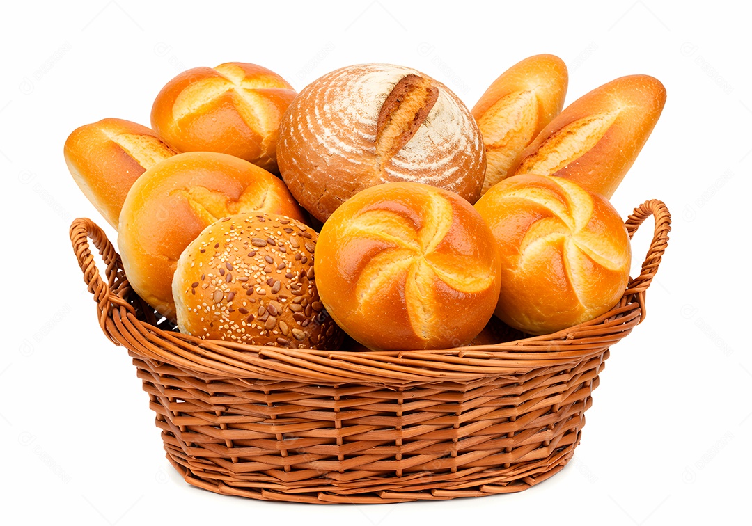 Pães frescos em cesto de vime sobre fundo branco isolado