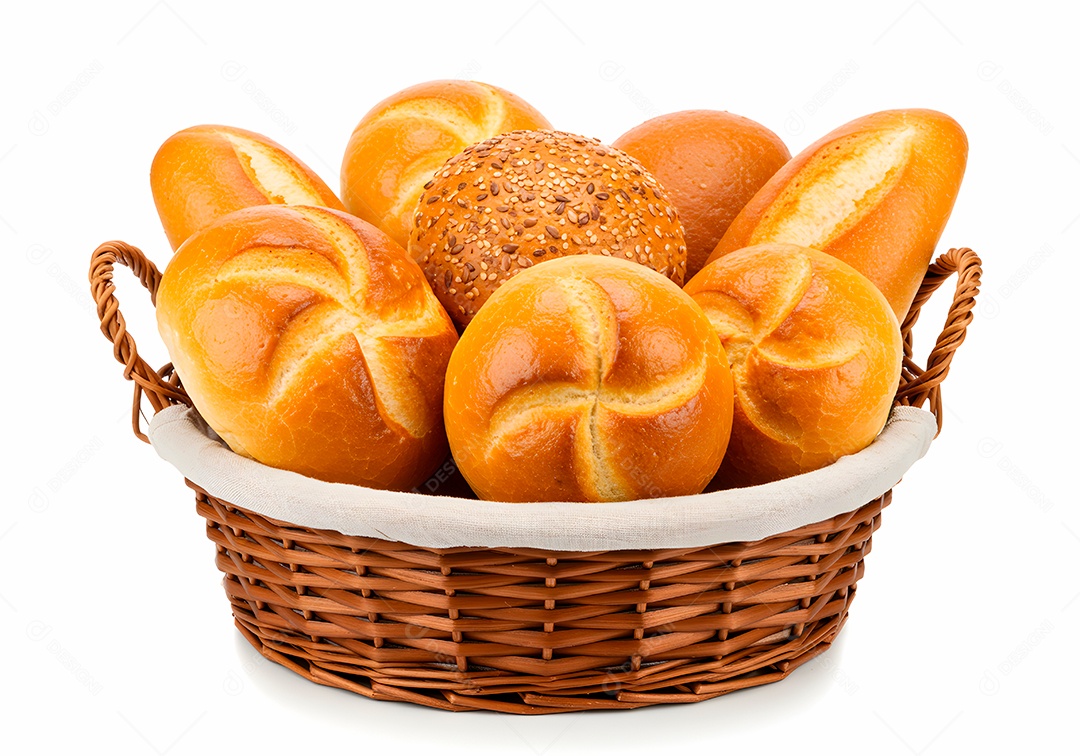 Pães frescos em cesto de vime sobre fundo branco isolado