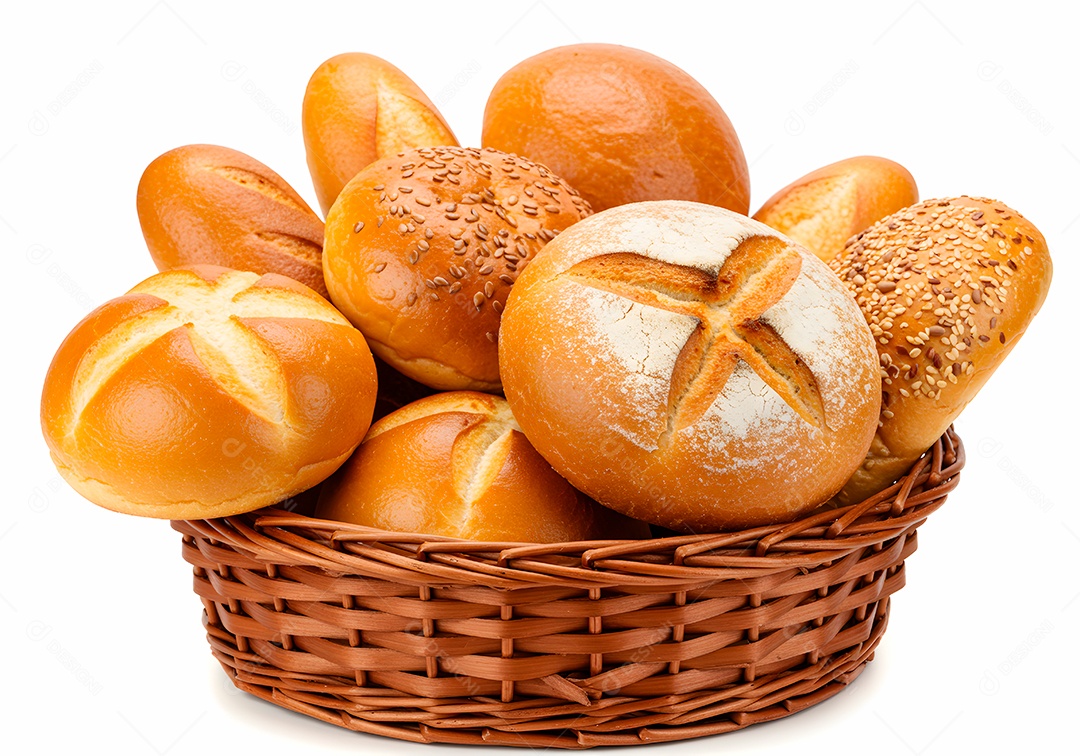 Pães frescos em cesto de vime sobre fundo branco isolado