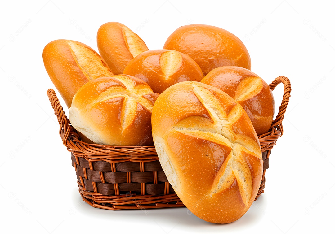 Pães frescos em cesto de vime sobre fundo branco isolado