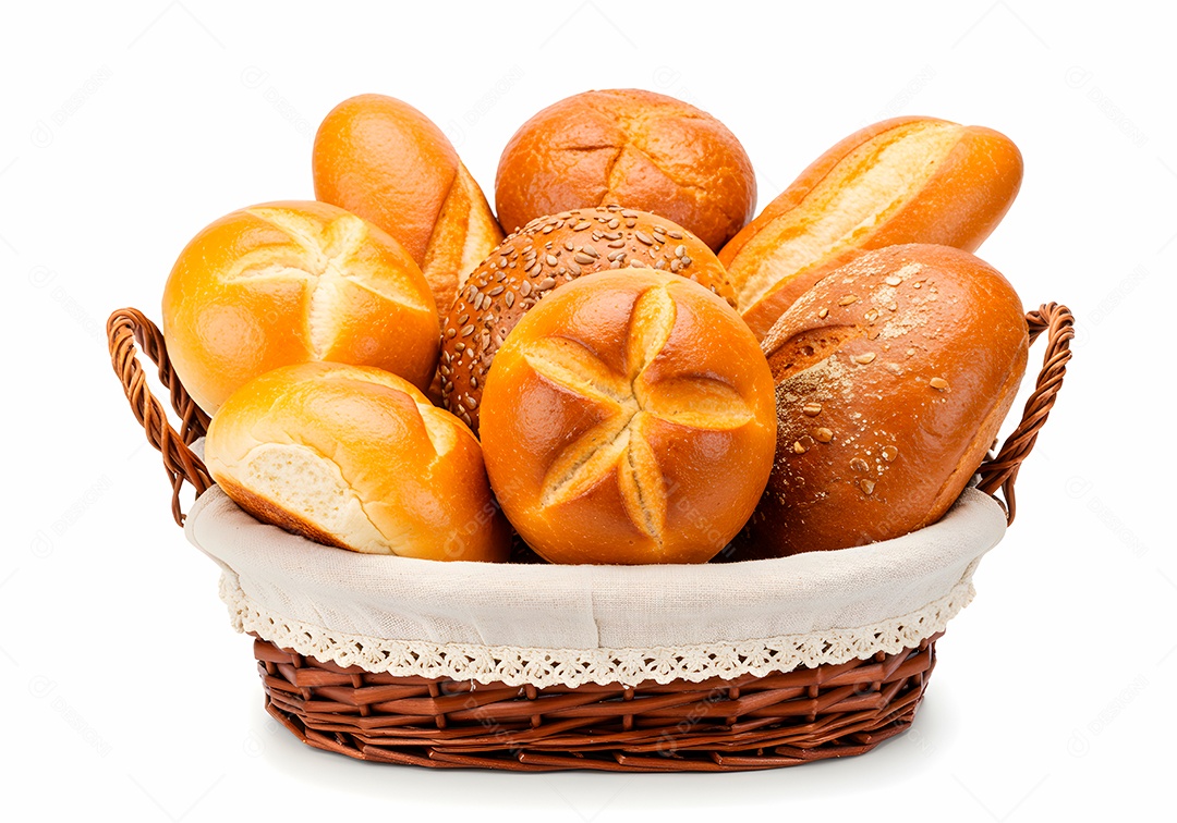 Pães frescos em cesto de vime sobre fundo branco isolado