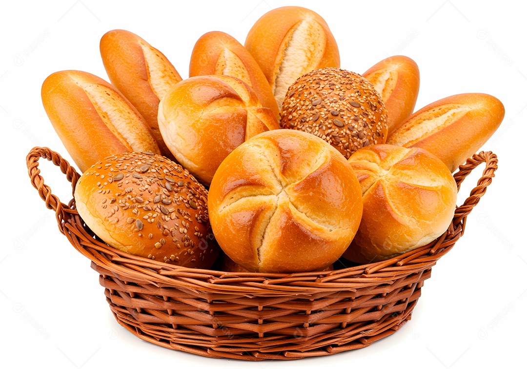 Pães frescos em cesto de vime sobre fundo branco isolado