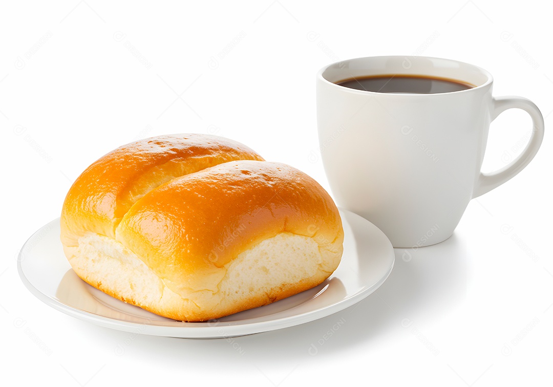 Belo pão doce em um prato acompanhado de uma xícara de café sobre fundo branco isolado