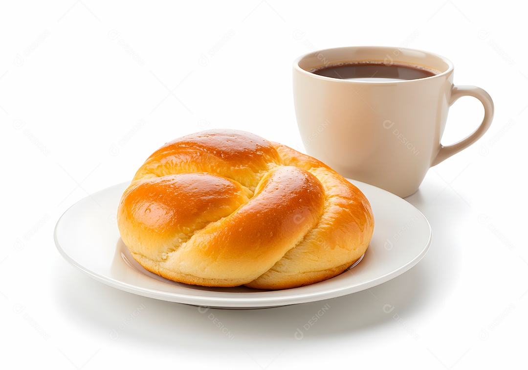 Belo pão doce em um prato acompanhado de uma xícara de café sobre fundo branco isolado