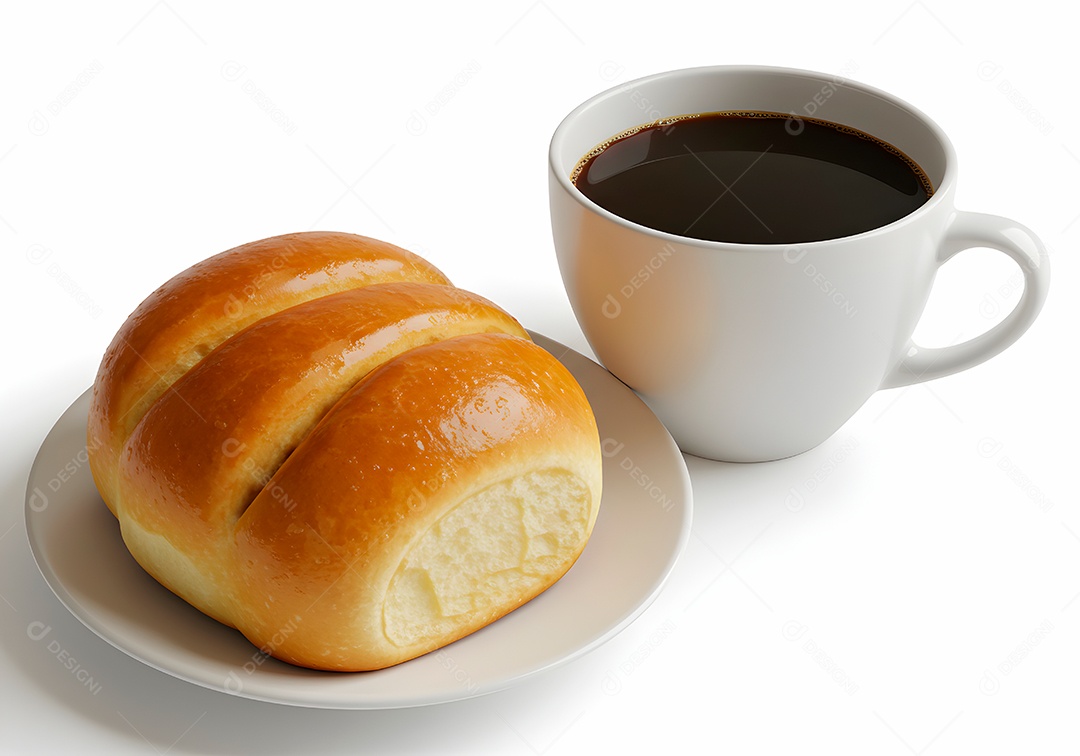 Belo pão doce em um prato acompanhado de uma xícara de café sobre fundo branco isolado