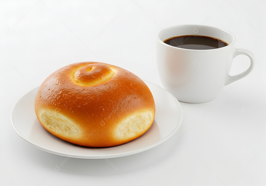 Belo pão doce em um prato acompanhado de uma xícara de café sobre fundo branco isolado