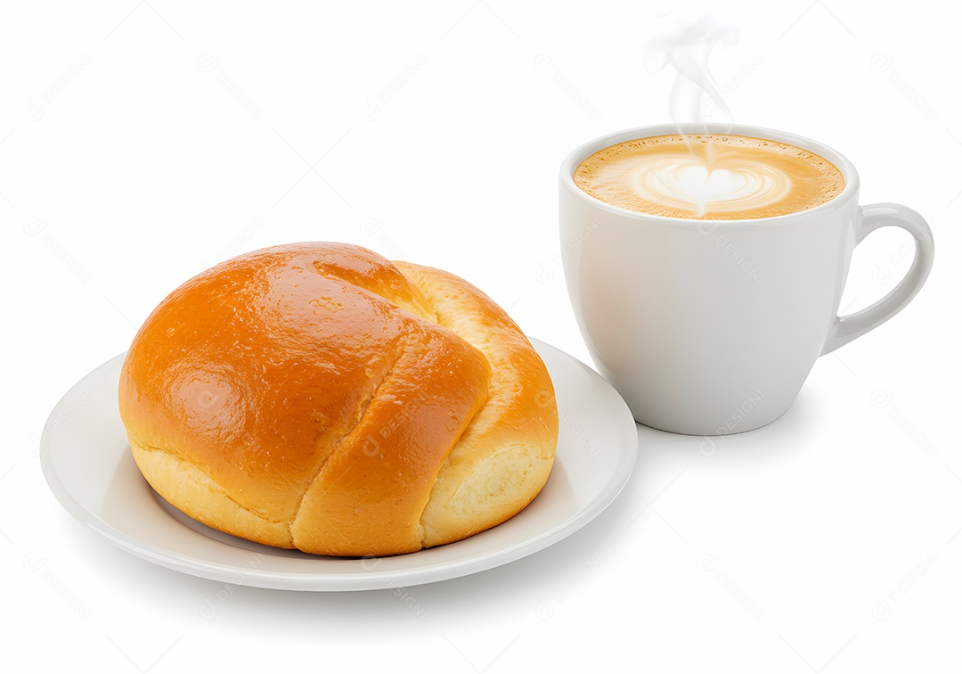 Belo pão doce em um prato acompanhado de uma xícara de cappuccino sobre fundo branco isolado