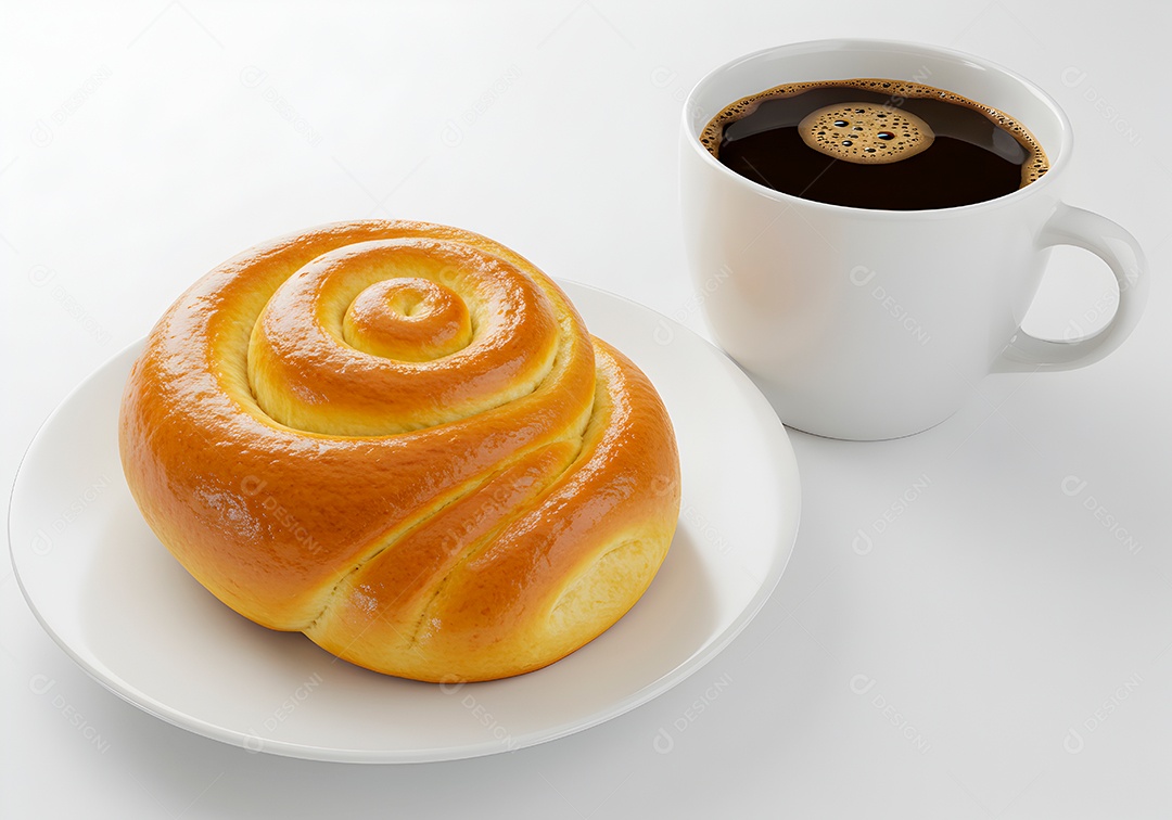 Belo pão doce em um prato acompanhado de uma xícara de café sobre fundo branco isolado