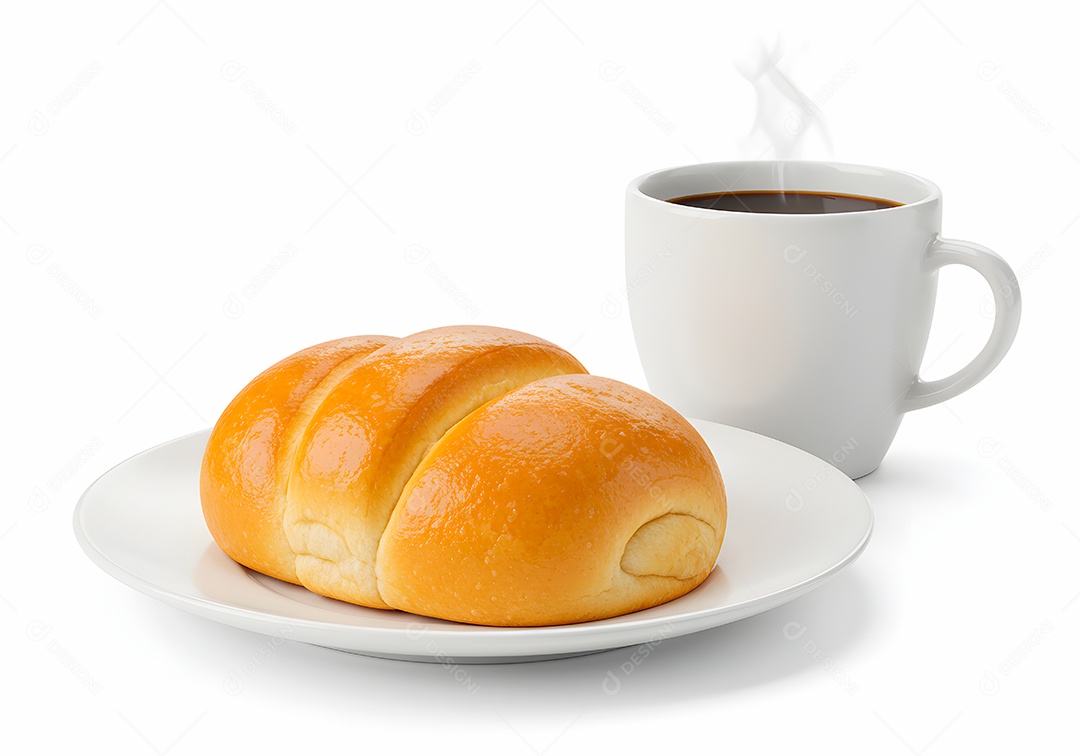 Belo pão doce em um prato acompanhado de uma xícara de café sobre fundo branco isolado