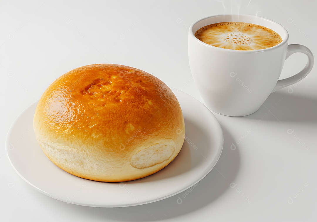 Belo pão em um prato acompanhado de uma xícara de café sobre fundo branco isolado