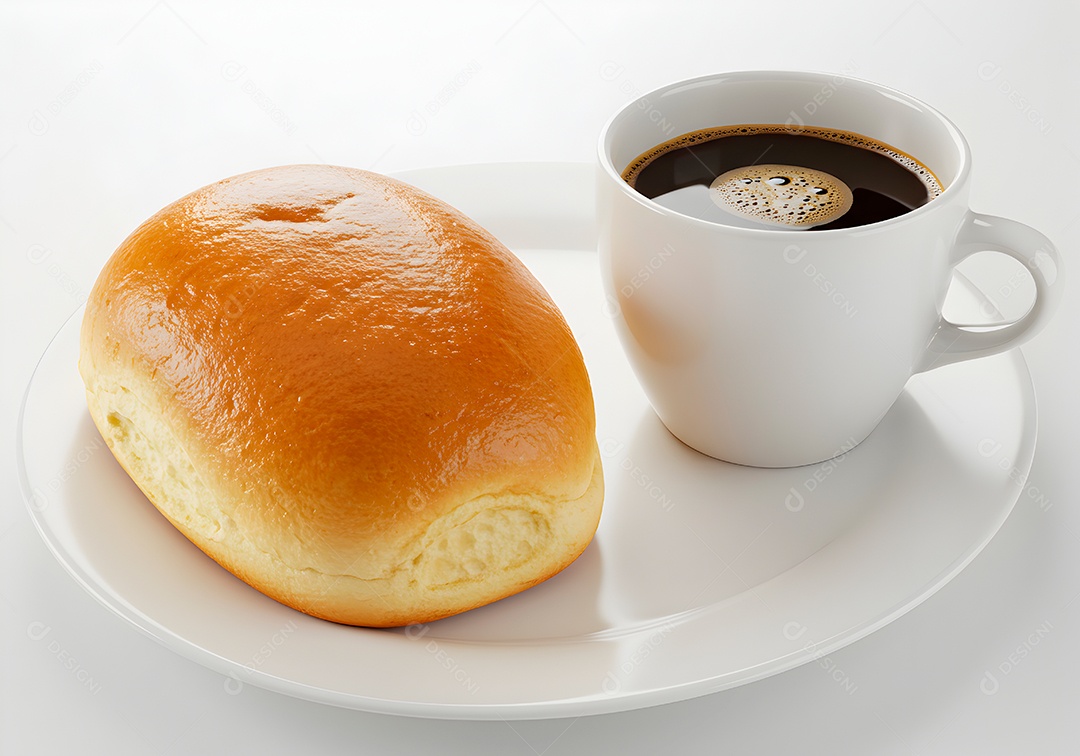 Belo pão em um prato acompanhado de uma xícara de café sobre fundo branco isolado
