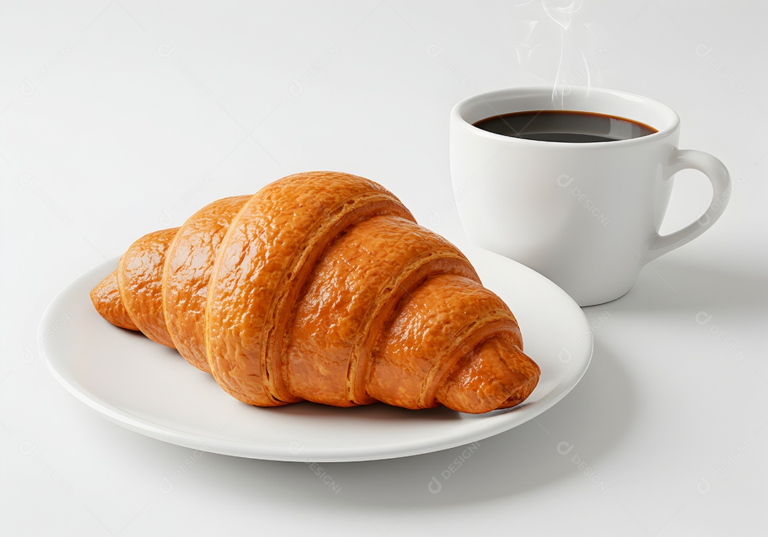 Belo croissant em um prato acompanhado de uma xícara de café sobre fundo branco isolado