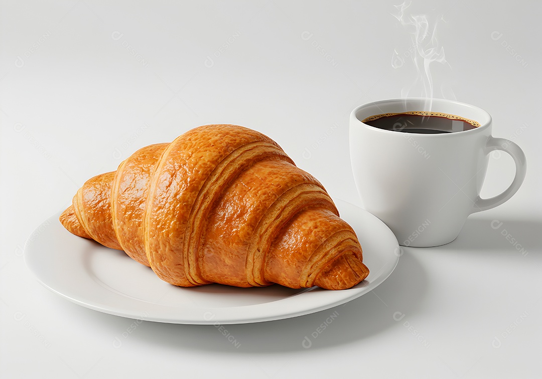 Belo croissant em um prato acompanhado de uma xícara de café sobre fundo branco isolado