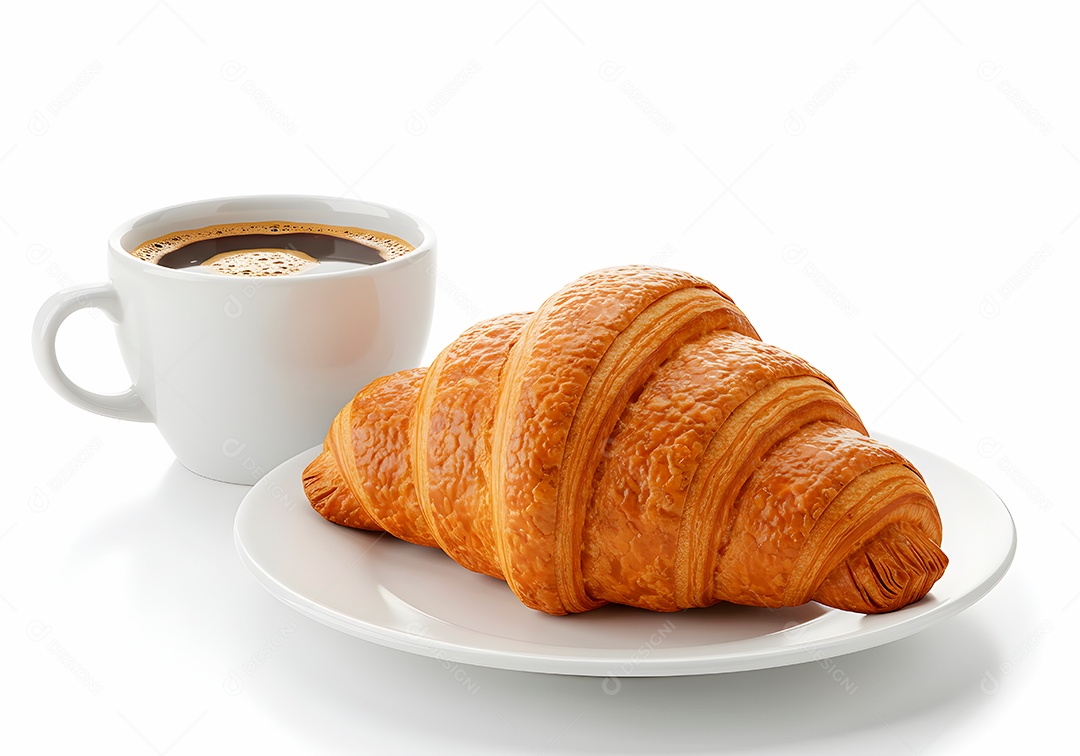 Belo croissant em um prato acompanhado de uma xícara de café sobre fundo branco isolado