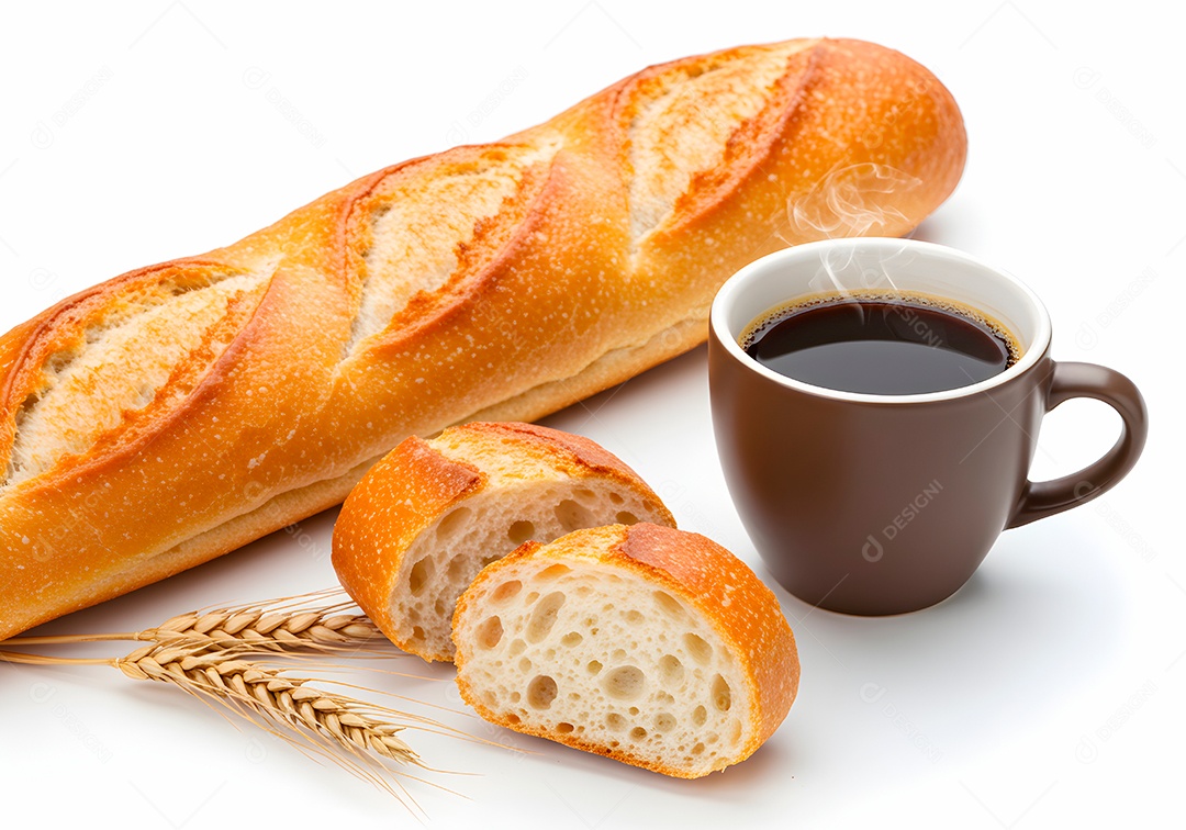 Belo pão baguete integral acompanhado de uma xícara de café