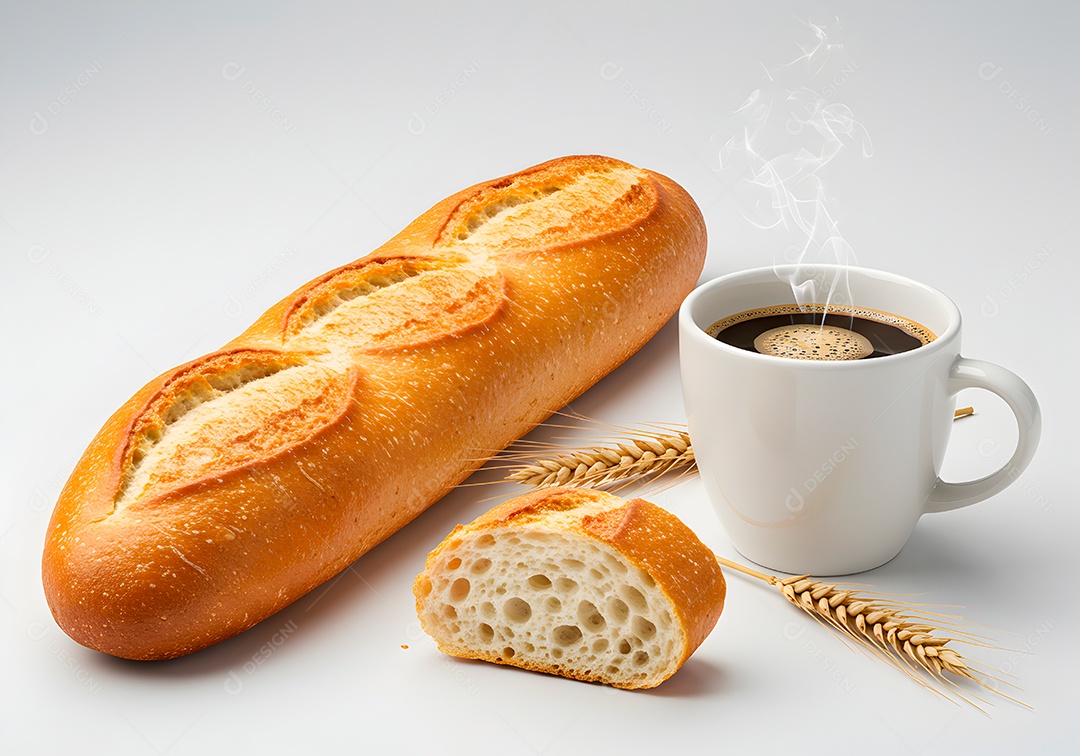 Belo pão baguete integral acompanhado de uma xícara de café