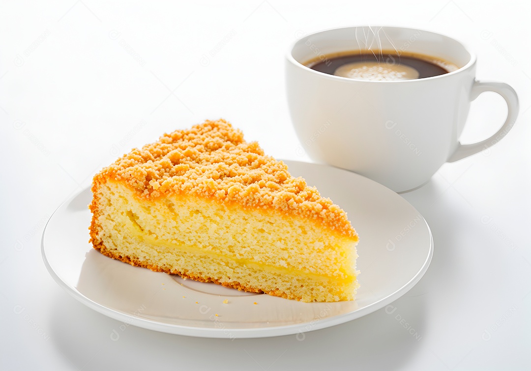 Bolo de cénoura em um prato acompanhando com café quentinho sobre fundo branco isolado