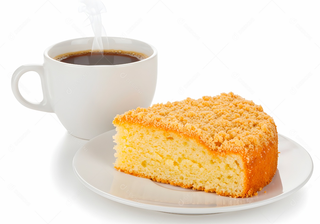 Bolo de cénoura em um prato acompanhando com café quentinho sobre fundo branco isolado