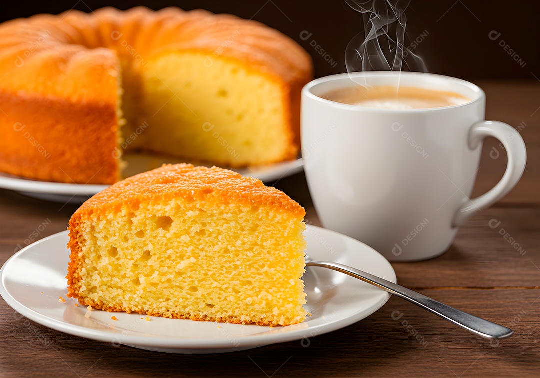 Bolo de cénoura em um prato acompanhando com café quentinho sobre fundo branco isolado
