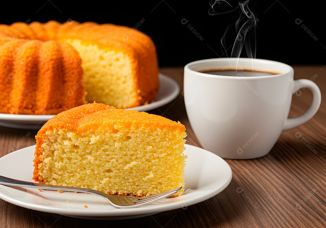 Bolo de cénoura em um prato acompanhando com café quentinho sobre fundo branco isolado