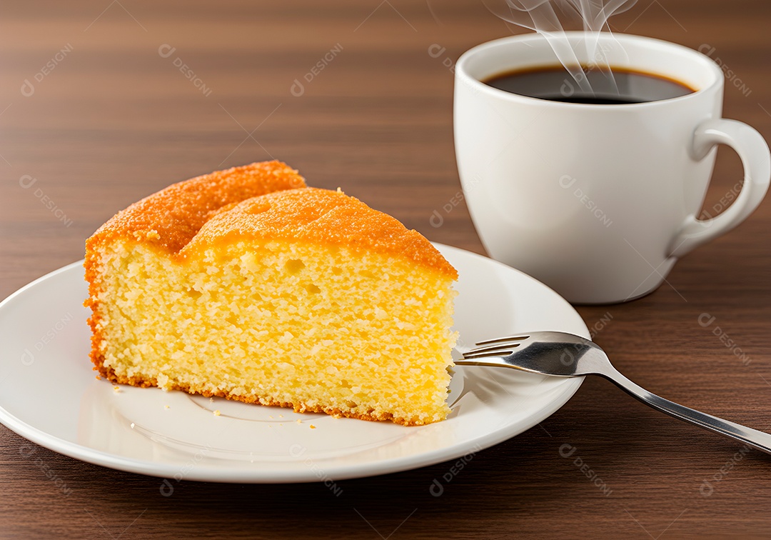 Bolo de cénoura em um prato acompanhando com café quentinho sobre fundo branco isolado