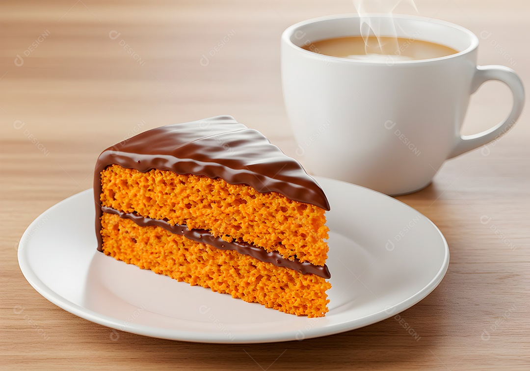 Bolo de chocolate em um prato acompanhando com cappuccino quentinho sobre fundo branco isolado