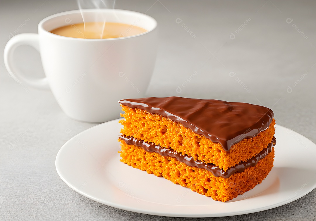 Bolo de chocolate em um prato acompanhando com cappuccino quentinho sobre fundo branco isolado