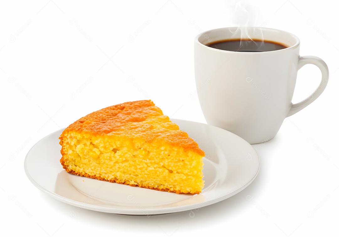 Bolo de cénoura em um prato acompanhando com café quentinho sobre fundo branco isolado