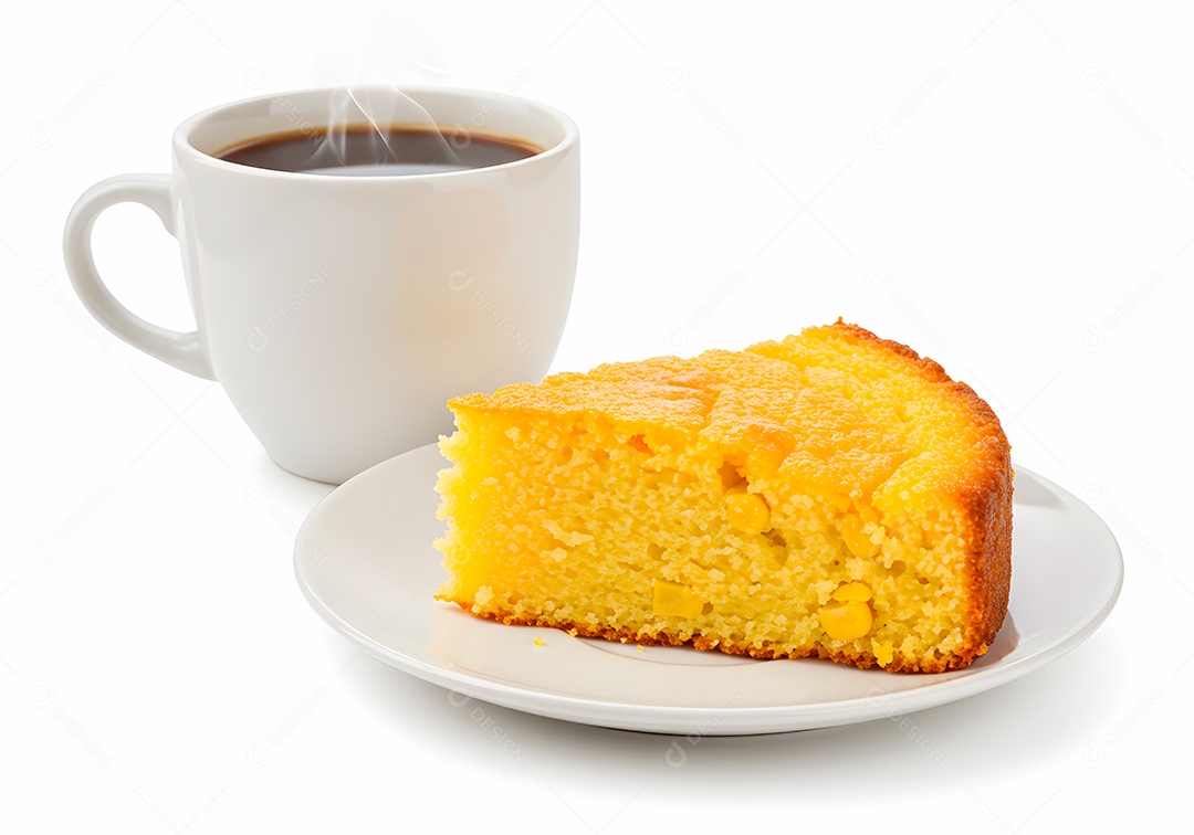 Bolo de cénoura em um prato acompanhando com café quentinho sobre fundo branco isolado