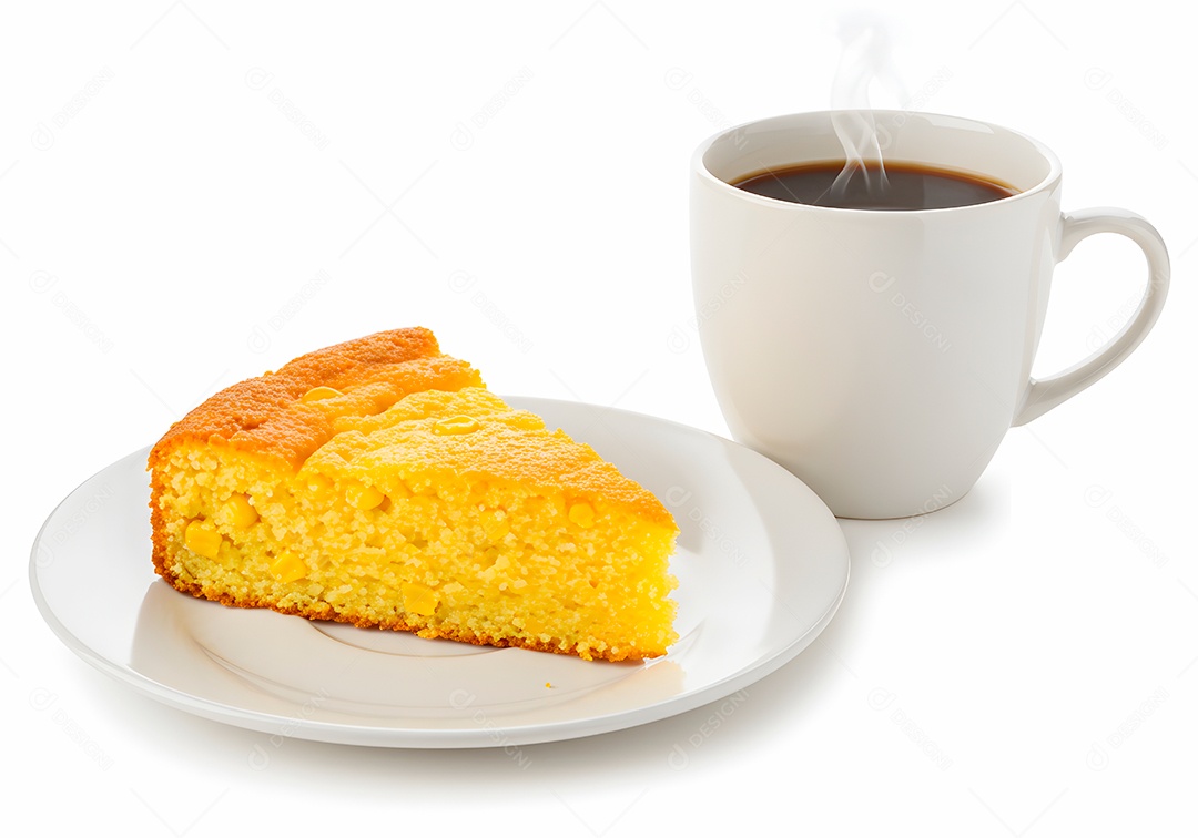 Bolo de cénoura em um prato acompanhando com café quentinho sobre fundo branco isolado